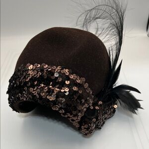 Vintage Adolfo II Wool Cocktail Hat Brown Sequin Feather Excello USA
